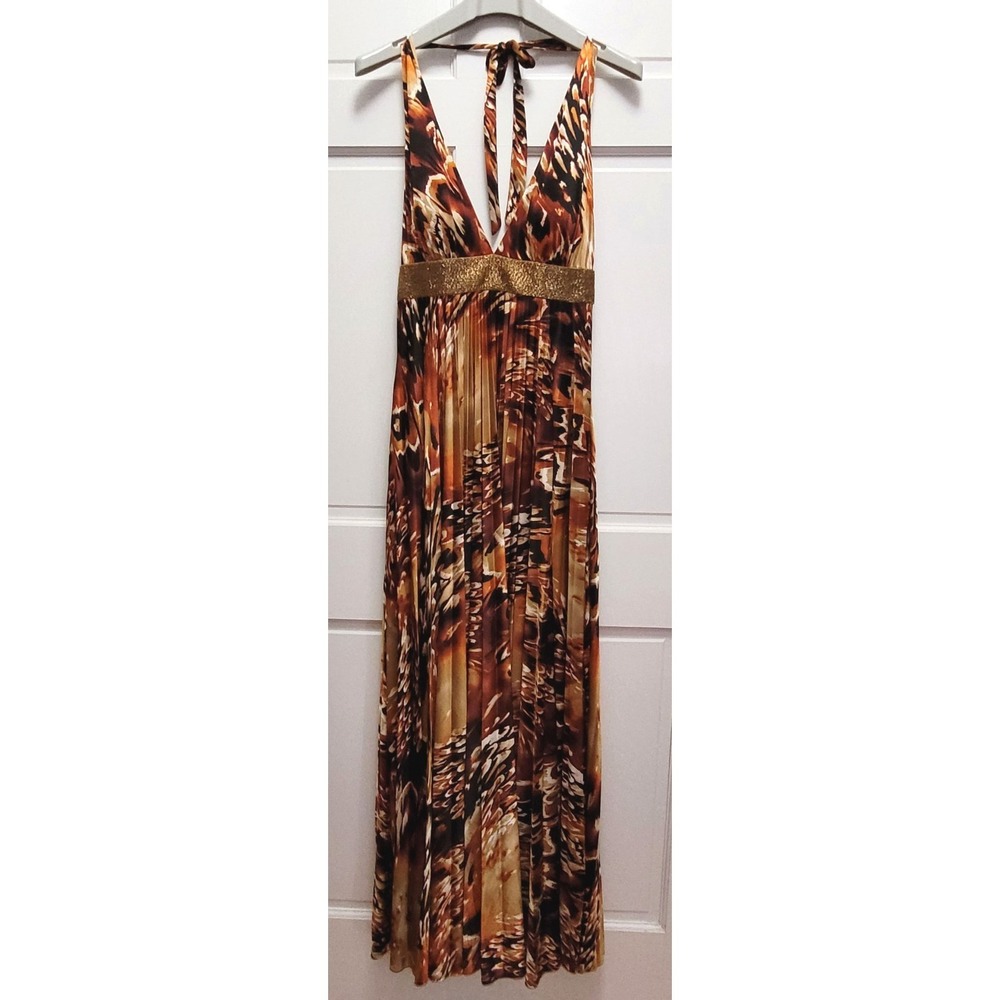 XOXO Women's Satin Halter Sleeveless Pleated Maxi Dress - Brown Abstract - Large